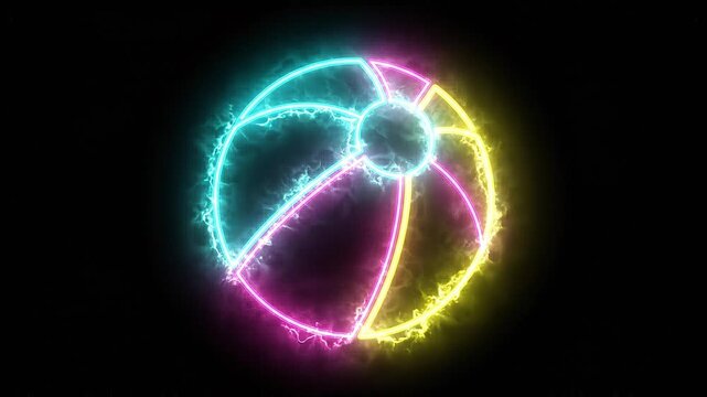 Neon beach ball glowing colorful summer toy neon glow electric light. Neon outline of colorful beach ball glowing against black background vibrant cyan magenta yellow light creating playful summer