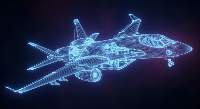 Futuristic neon wireframe fighter jet in glowing hologram blueprint digital render.