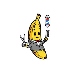 Cute Banana Barber Cartoon Character with Scissors and Comb.