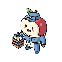 Cute Apple Character Delivering Milk Bottles in a Crate.