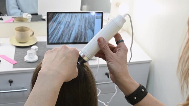  closeup scalp examination using trichoscope reveals alopecia, dandruff and seborrhea. Specialist analyzes hair structure on monitor. Professional approach to hair diagnostics. Hair loss oily scalp