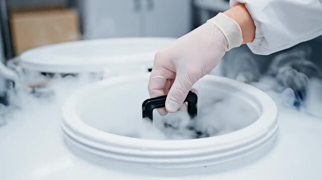 Scientist handling cryogenic storage container with frozen samples in laboratory