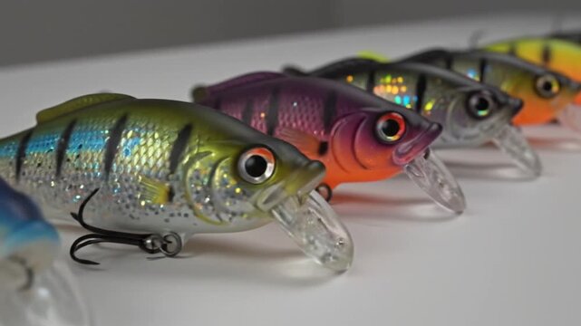Colorful fish-shaped fishing lures lined up on white surface