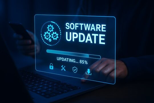 Person interacts with a laptop displaying a 'software update' screen, showing a digital system upgrade.