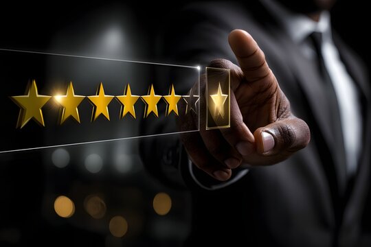 F&uuml;nf Sterne Bewertung durch Gesch&auml;ftsmann mit digitalem Interface f&uuml;r Kundenzufriedenheit und Servicequalit&auml;t