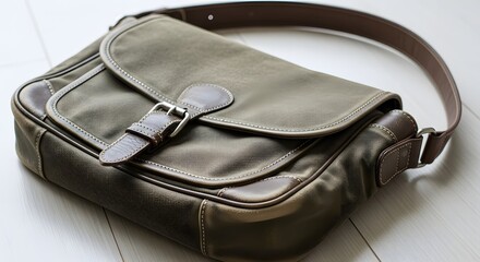 Naklejka premium A stylish brown leather messenger bag with a buckle closure on a white wooden surface