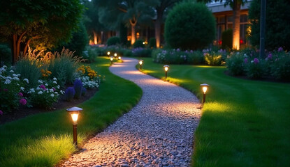 Naklejka premium A cobblestone path lit by small garden lights winds through green grass and colorful flower beds at dusk.