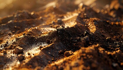 Close-up macro photograph highlighting textured terrain. Shallow depth of field emphasizes peaks and troughs. Dusting of pebbles lit by warm sunlight