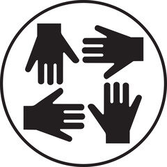 Obraz premium Teamwork hands united in circle, representing collaboration and partnership in a minimalist black and white vector graphic.