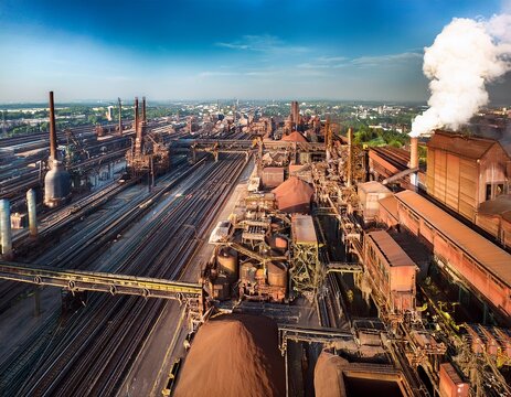 aerial view of a busy steel mill industrial landscape