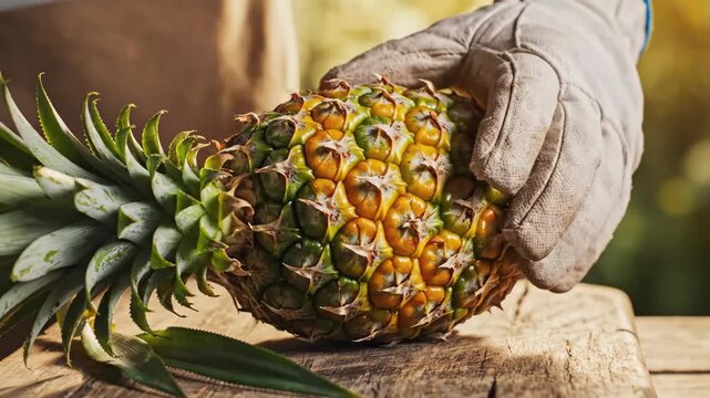 A gloved hand holds a ripe pineapple on a rustic wooden surface
