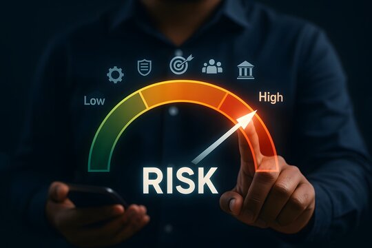 Person's finger points to a "high" risk level on a virtual gauge, indicating increased business or financial risk.