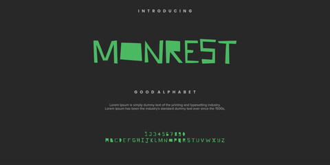Monrest rough abstract digital alphabet font typography. Bold Condensed Display Font. Vector illustration