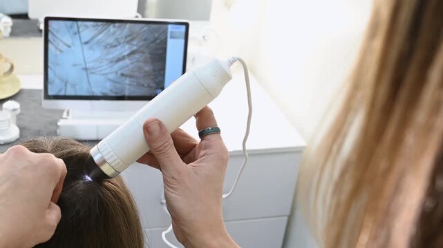  closeup scalp examination using trichoscope reveals alopecia, dandruff and seborrhea. Specialist analyzes hair structure on monitor. Professional approach to hair diagnostics. Hair loss oily scalp