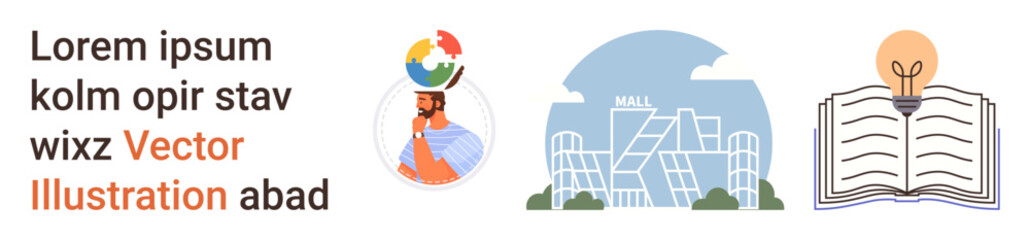 Education, creativity, urban development, learning, design concepts, and knowledge . Features a person with ideas, a modern building and an open book with a lightbulb. Education and creativity © robu_s