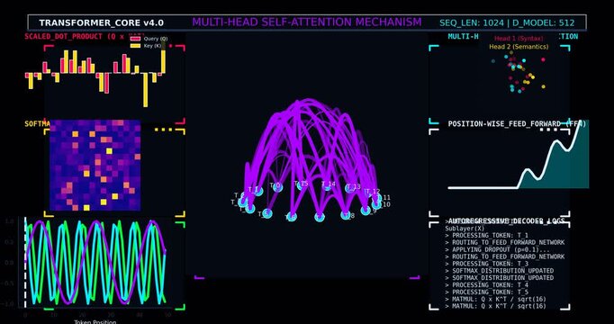 Transformer Neural Network Visualization Showing Multi Head Self Attention, Token Relationships, Generative AI Architecture and Machine Learning Artificial Intelligence Concept