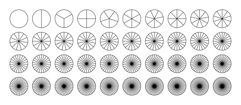 Sectors divide the circle on equal parts. Parts of diagram wheel from 1 to 40. Pie chart. Coaching blank. Segmented charts. Outline black graphics. Pie charts, pizza charts set. Segments infographic.