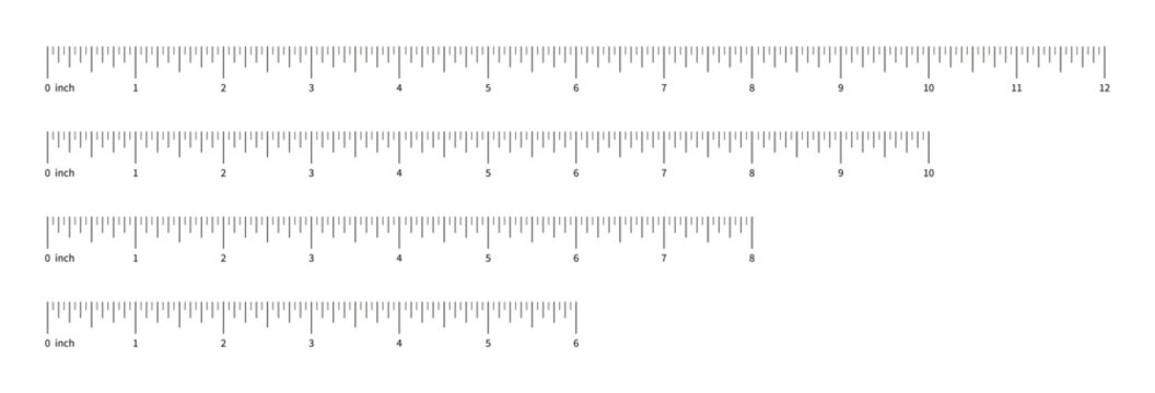Ruler scale, measuring chart with 6,8,10 and 12 inches. Length measurement distance, height, math. Template of six, eight, ten and twelve inches sewing tool.