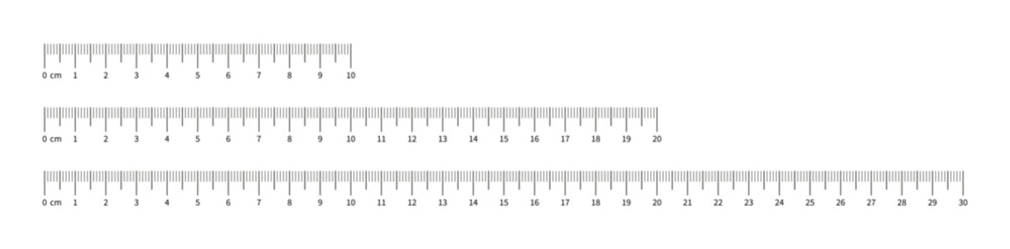 Measuring chart with 10cm, 20cm, 30 centimeters. Collection of ruler scale 100mm, 300 mm, 200mm with numbers. Templates of ruler scale. Length measurement height, math, distance, Sewing tool