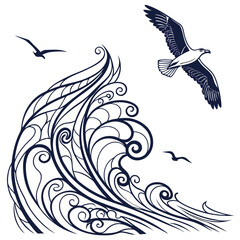 Fototapeta premium Navy blue wave with birds flying overhead ocean wave
