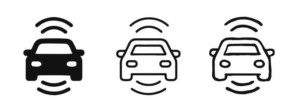 Autonomous self-driving car icon set with sensor waves. Smart vehicle technology symbol in solid, outline, and hand-drawn styles.