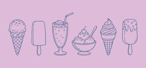 Collection of hand drawn ice cream and popsicle illustrations in black and white outline sweet frozen desserts in hand drawn cartoon style