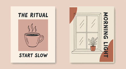 Minimalist morning routine posters featuring coffee and plants, perfect for home decor and inspirational quotes