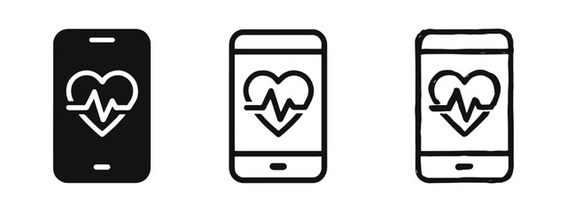 Mobile Health and Telemedicine Icon Set: Smartphone with Heartbeat and ECG Symbols in Flat, Line Art, and Hand-Drawn Styles