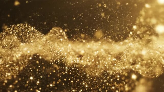 Sparkling gold particles create dynamic wave on dark background