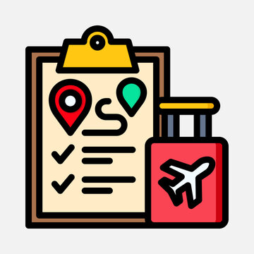 Travel planning concept with a clipboard showing an itinerary and a red suitcase with an airplane icon.