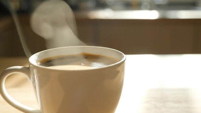 Steaming hot coffee in a white mug on a wooden surface