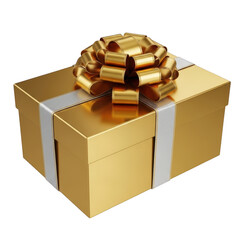 A gold gift box with a large bow on top