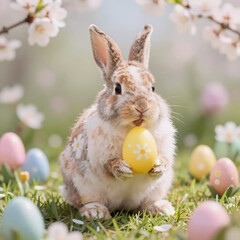 Fototapeta premium art nouveau, easter-themed digital illustration featuring a furry rabbit holding a yellow egg amidst green grass, surrounded by colorful blossoms and bokeh soft, bright light