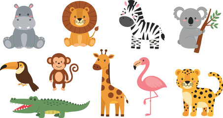 Fototapeta premium Cute Safari Animals Cartoon Set with Lion Zebra Giraffe Crocodile and Jungle Wildlife Vector Illustration