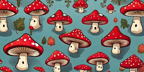 Cartoon pattern of fly agaric, Amanita muscaria - symbol as both a folk medicine and a toxic, hallucinogenic dietary supplement, ritual and poison.