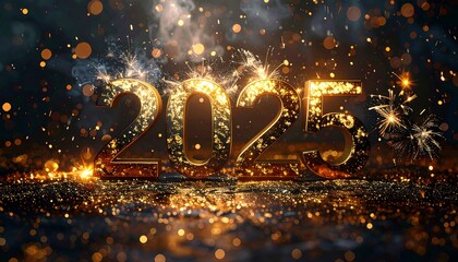 Illuminated golden numerals, spelling out 2025, sparkle amid fireworks and glittering specks, symbolizing new year festivities