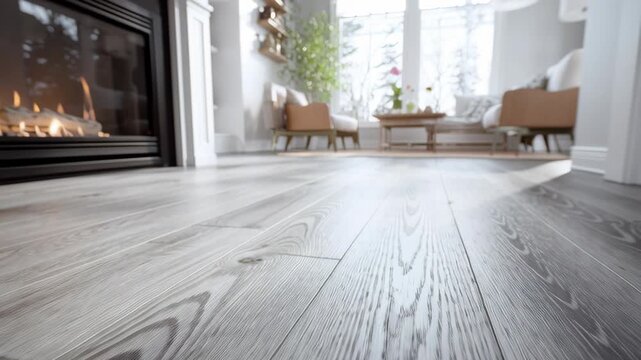 Wood floor. Light wooden flooring closeup. Shiny new hardwood floor. House renovation, changing floor to parquet. Beautiful gray handscraped oiled brushed texture grain. Empty living room, fireplace