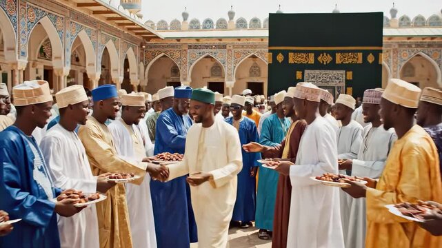 Muslim pilgrims celebrating eid al-adha near the kaaba in mecca, sharing dates, greeting, and hugging each other during the holy month and the annual hajj pilgrimage