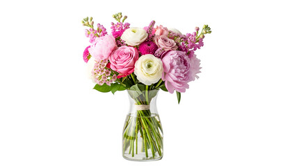 A vibrant bouquet of pink and white flowers in a clear vase isolated on transparent background © Sumaiya