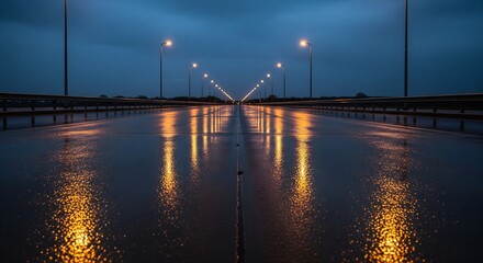 Empty highway at dusk with streetlights reflecting on wet asphalt