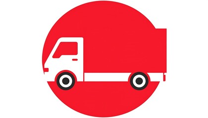 Simplified illustration of a white delivery truck silhouetted against a bright red circular background, conveying movement and transportation