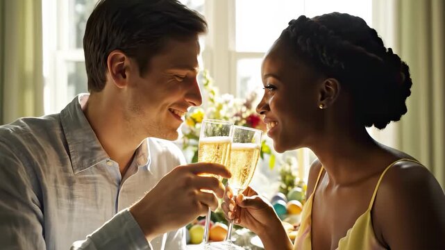 Romantic interracial couple toasting with champagne glasses during a sunny easter celebration, smiling and enjoying a special holiday meal together in a bright dining room