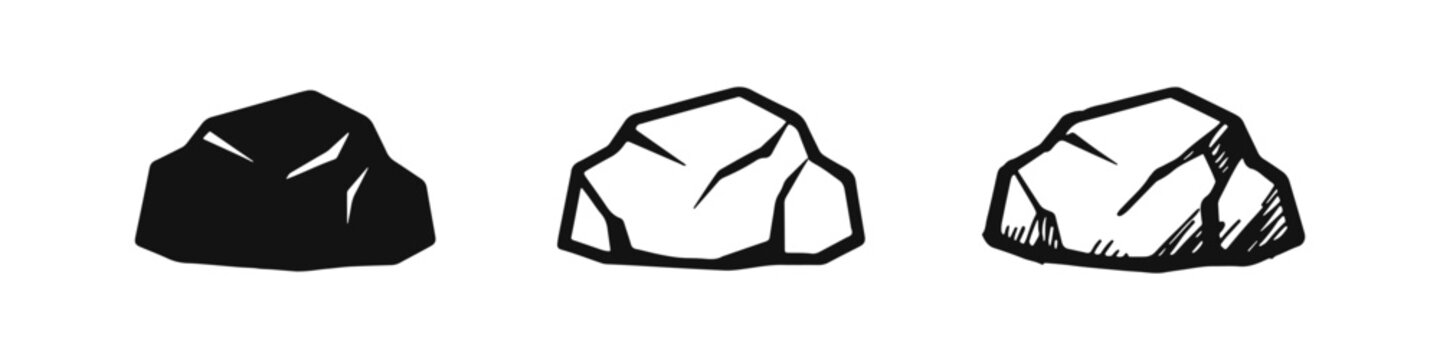 Jagged rock icon set. Sharp stone or mineral doodle symbol. Solid, outline, and hand-drawn styles, representing a rough material.
