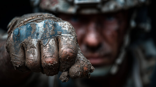 Close up an army punch to the camera lot of mud on his hand.