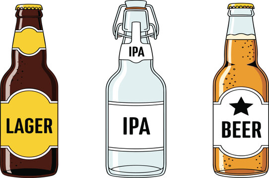 Set of Craft Beer Bottles with Labels Lager IPA and Beer, Vintage Brewery Packaging Illustration for Bar Menu, Branding, and Beverage Design