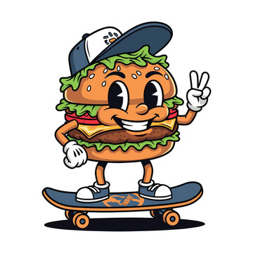 Cool hamburger cartoon character wearing a cap and skateboarding, showing peace sign