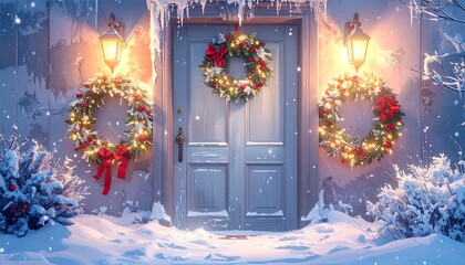 A frosted doorway is decorated with illuminated wreaths, lanterns, and fresh snow, evoking a cozy winter holiday atmosphere
