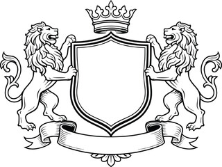 Heraldic coat of arms with two lions and a royal crown on a blank shield, a vintage-style decorative emblem with space for text. © Munna_SH