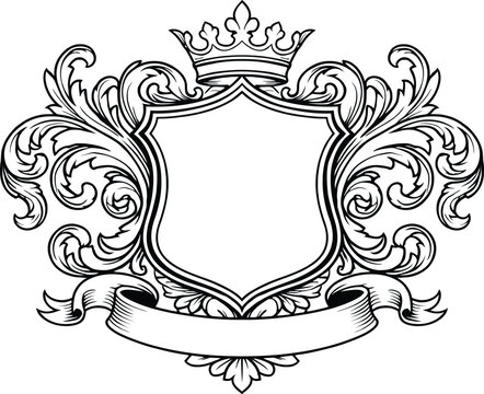 Ornate heraldic shield with a royal crown and intricate acanthus scrollwork, a vintage-style emblem with banner for text.