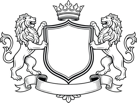 Heraldic coat of arms with two lions and a royal crown on a blank shield, a vintage-style decorative emblem with space for text.